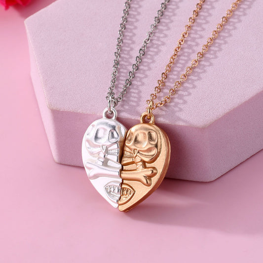 Engraved Magnetic Skull Couple Necklaces Gift Set for 2