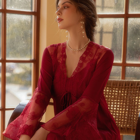 Bridal Wedding Red Nightdress Vintage Lace Robe