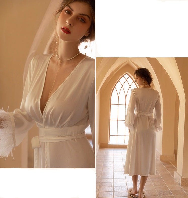 Satin Chiffon White Wedding Nightdress for Bride