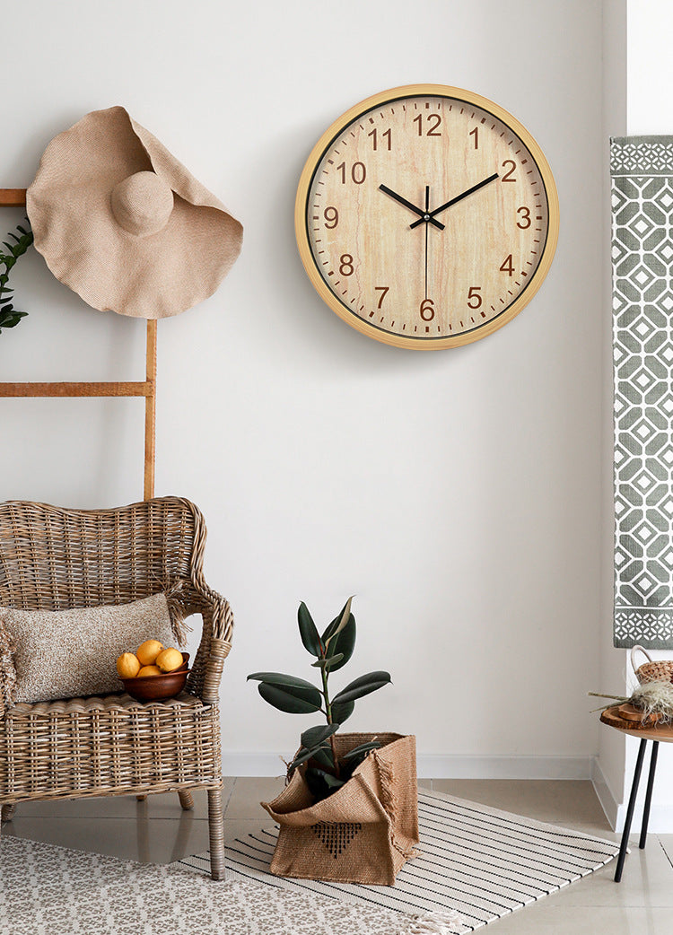 Wood Textured Silent Wall Clock for Livingroom 12 Inches