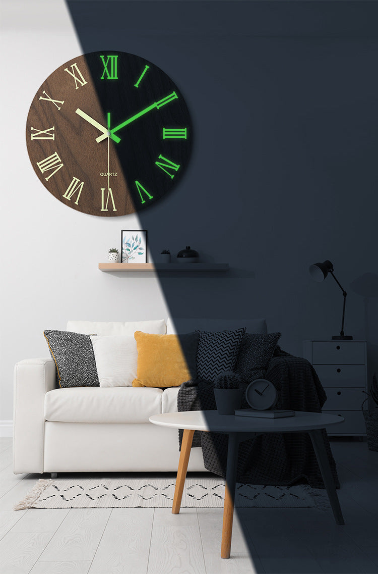 Roman Letters Luminous Silent Clock 12 Inches Wood Textured