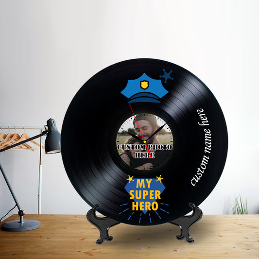 Personalized Photo Lp Record Clock Gift for Policeman Dad