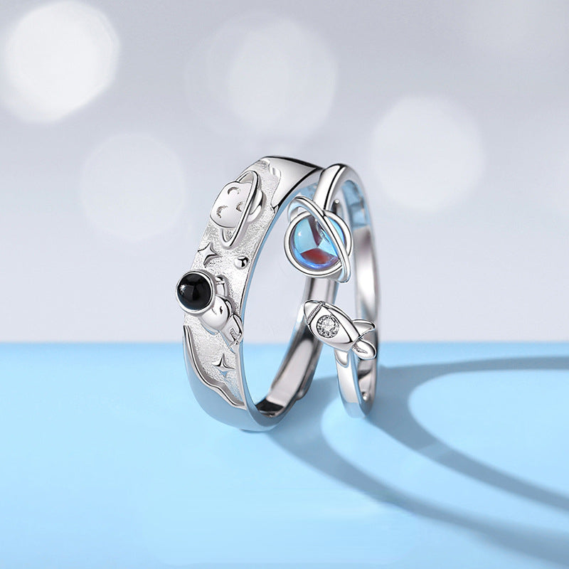 Spaceman Planets Moonstone Couple Rings Set