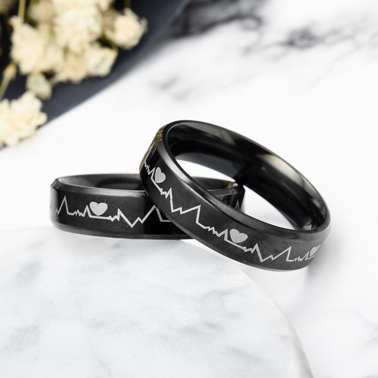 Engravable Heartbeat Couple Rings Set for Two
