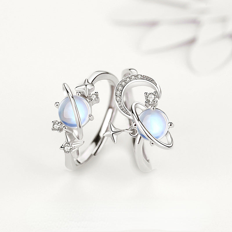 Custom Moonstone Planet Matching Wedding Rings