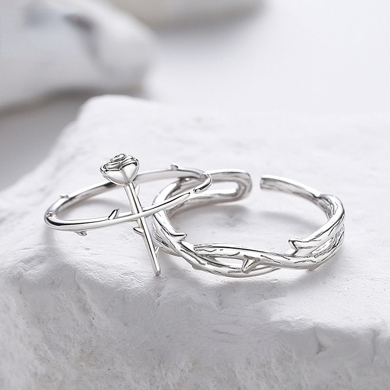 Branch and Rose Romantic Couple Rings Set