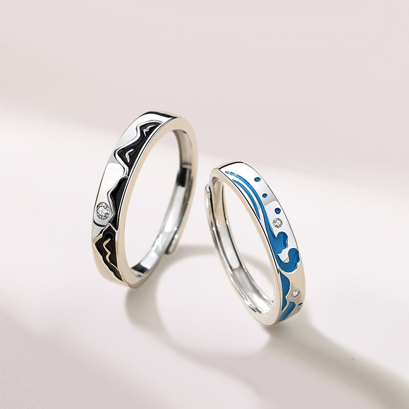 Custom Engraved Ocean Mountain Rings for Couples