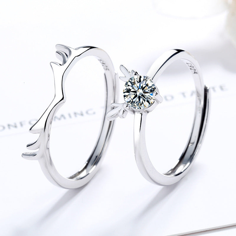 Deer Matching Solitaire Matching Wedding Rings Set