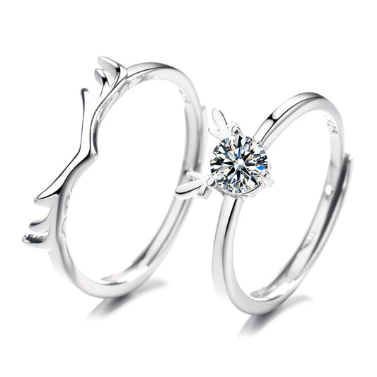 Deer Matching Solitaire Matching Wedding Rings Set