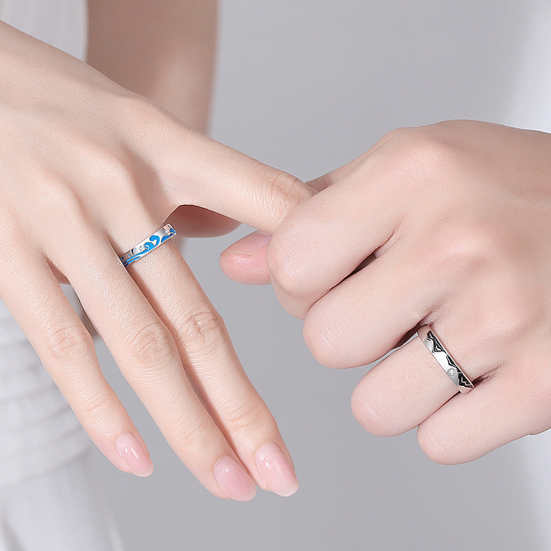 Custom Engraved Ocean Mountain Rings for Couples
