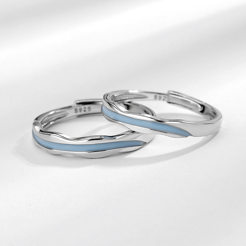 Blue Enamel Matching Wedding Rings Set