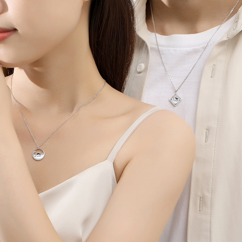 Custom Engravable Ocean Mountain Necklaces Set for Couples