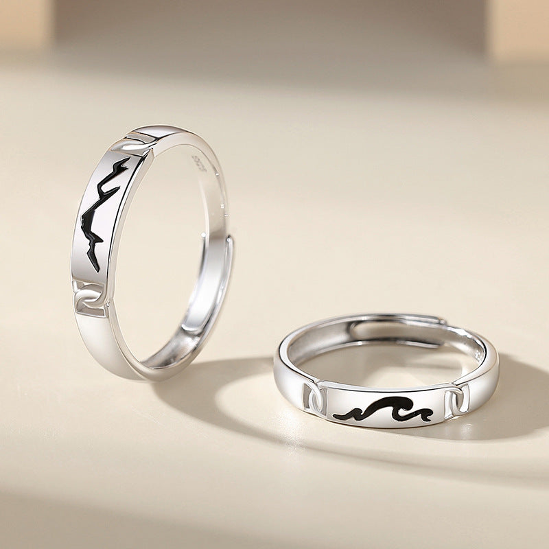 Engravable Ocean Mountain Rings Set for Couples