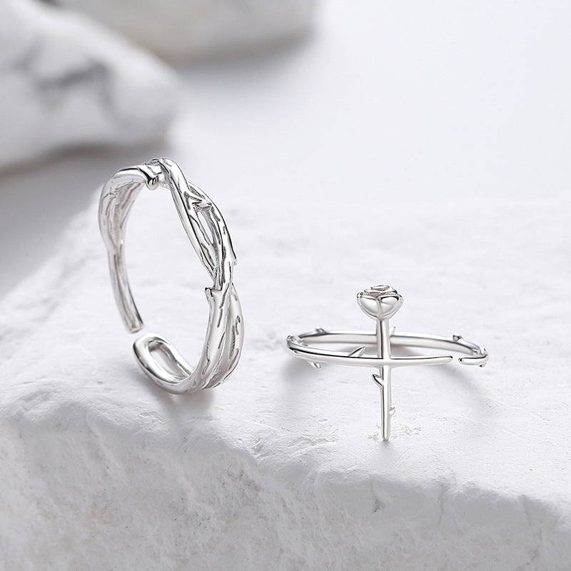 Branch and Rose Romantic Couple Rings Set
