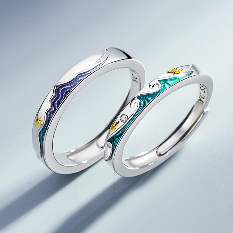 Engraved Ocean Theme Relationship Rings for Couple