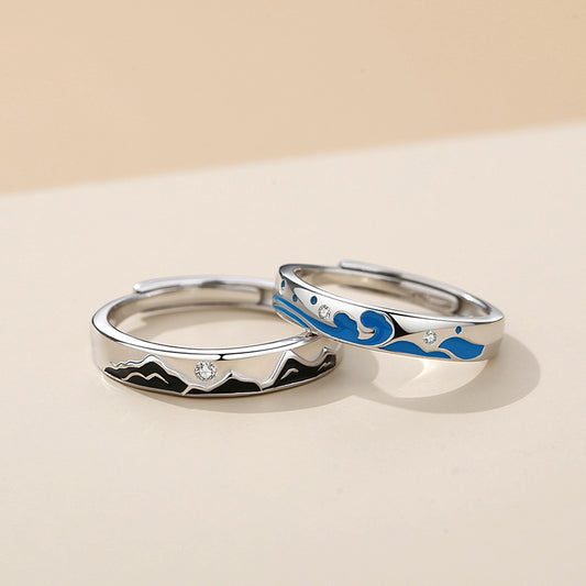 Custom Engraved Ocean Mountain Rings for Couples