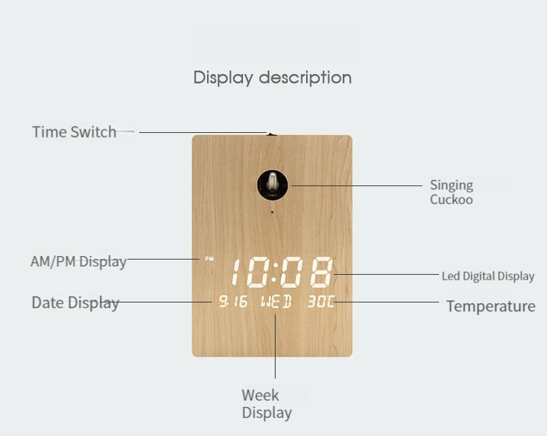 Led Digital Pendulum Cuckoo Wooden Clock 12 Inches