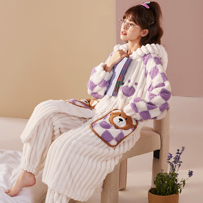 Fluffy Hoodie Pyjamas Set for Ladies 100% Flannel