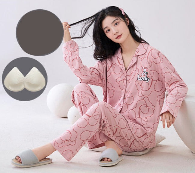 Cute Bear Design Pyjamas Set for Women 100% Cotton