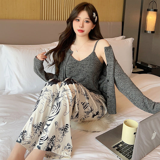 3 Piece Sleepwear Flannel Pajamas Set for Ladies