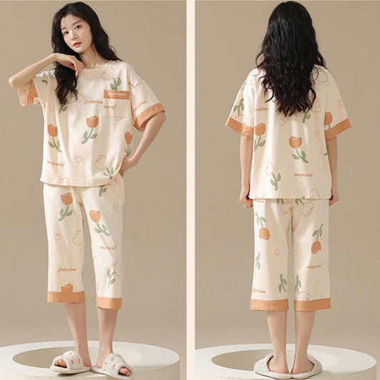 Women Builtin Bra Pajamas Set 100% Pure Cotton
