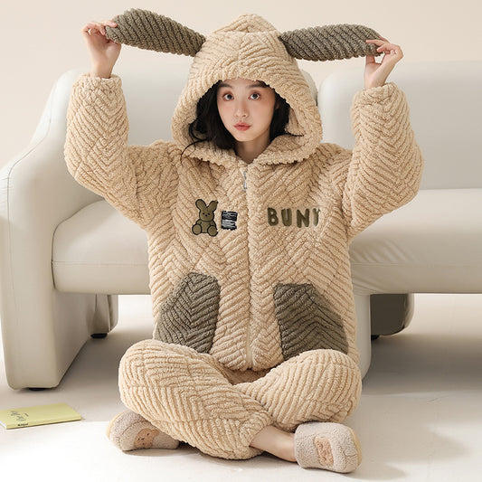 Bunny Hoodie Pyjamas Set for Women 100% Flannel