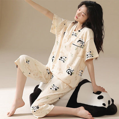 Women Soft Panda Pajamas 2-Piece Set 100% Pure Cotton