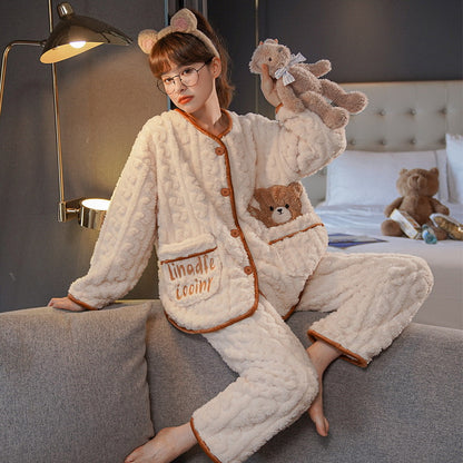 Warm Bear Design Flannel Pyjamas Set for Women