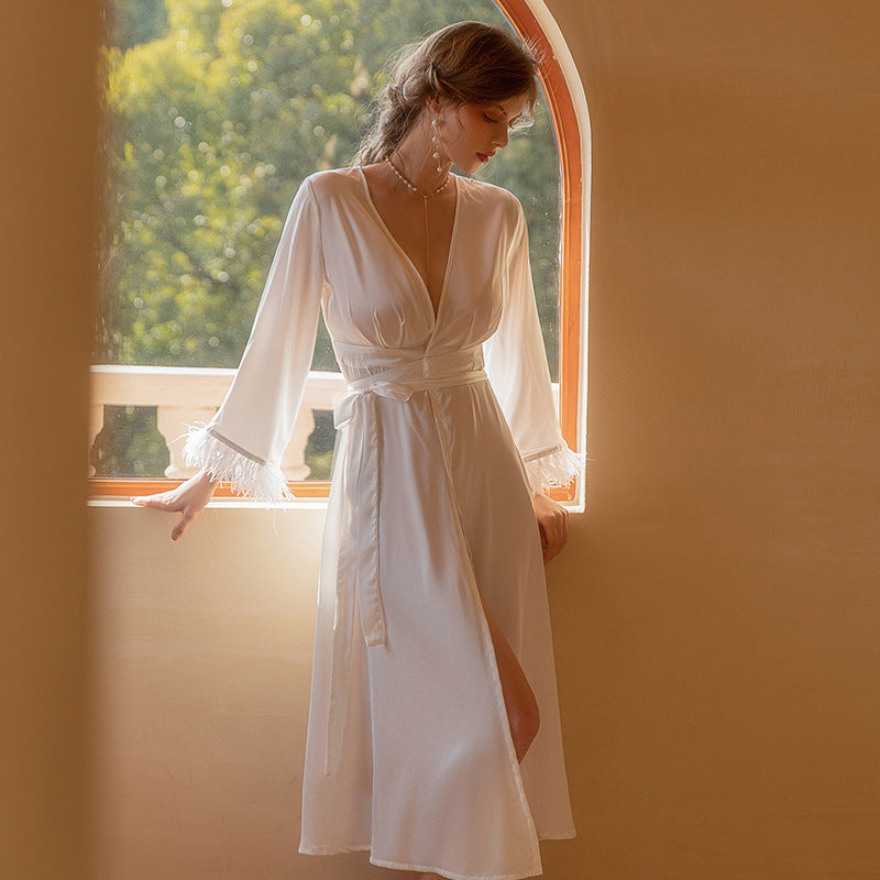 Satin Chiffon White Wedding Nightdress for Bride