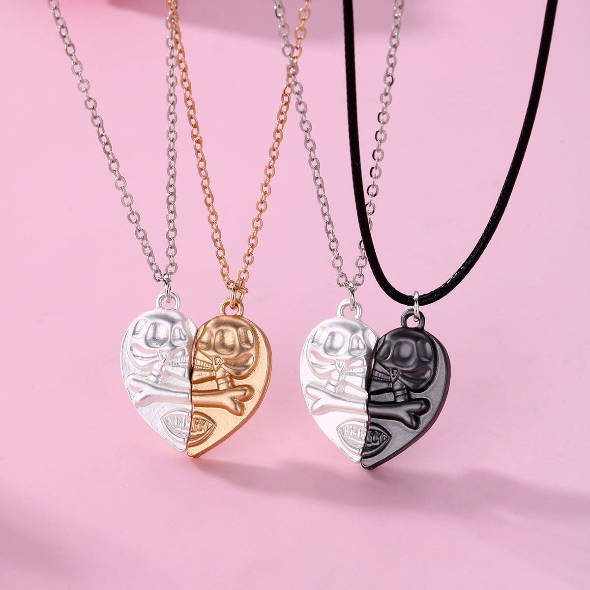 Engraved Magnetic Skull Couple Necklaces Gift Set for 2