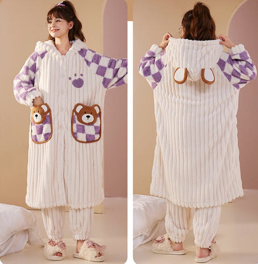 Fluffy Hoodie Pyjamas Set for Ladies 100% Flannel