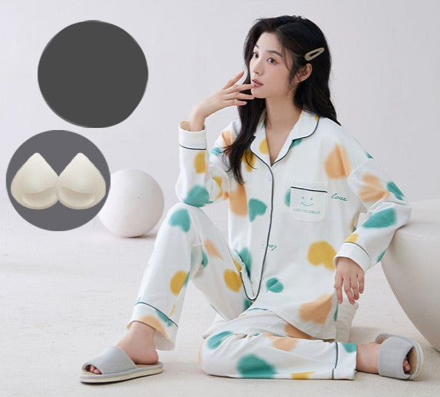 Long Sleeves Hearts Pyjamas Set for Women 100% Cotton