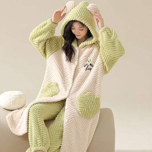 Warm Hoodie Womens Pyjamas Set 100% Flannel