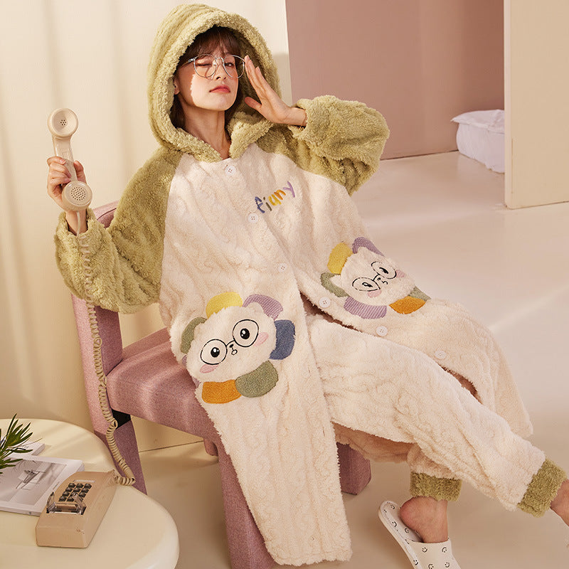 Cute Hoodie Womens Pyjamas Set 100% Flannel