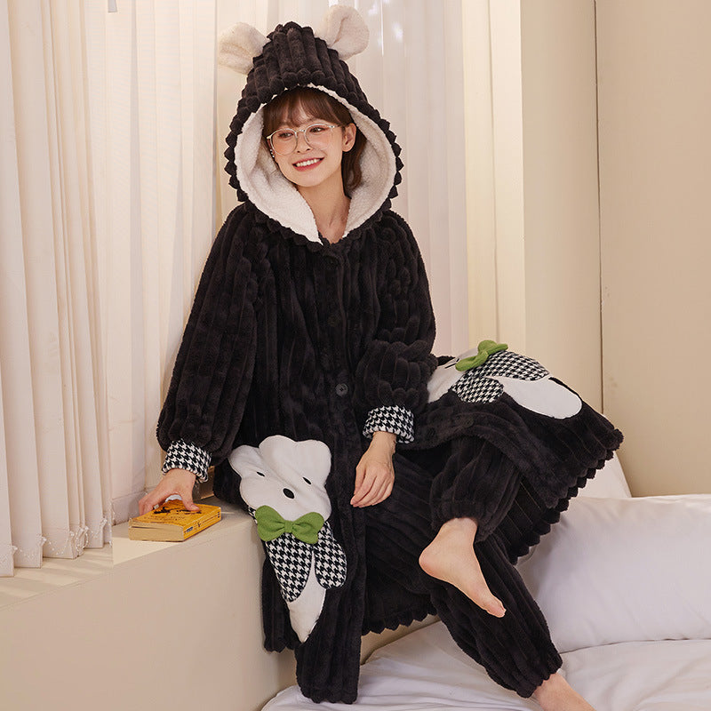Fluffy Hooded Pyjamas Set for Ladies 100% Flannel
