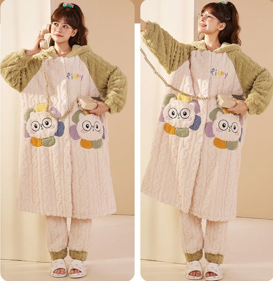 Cute Hoodie Womens Pyjamas Set 100% Flannel