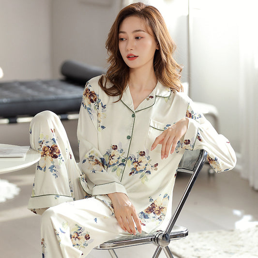 Women's Classic Collar Loungewear Silk Pajamas Set