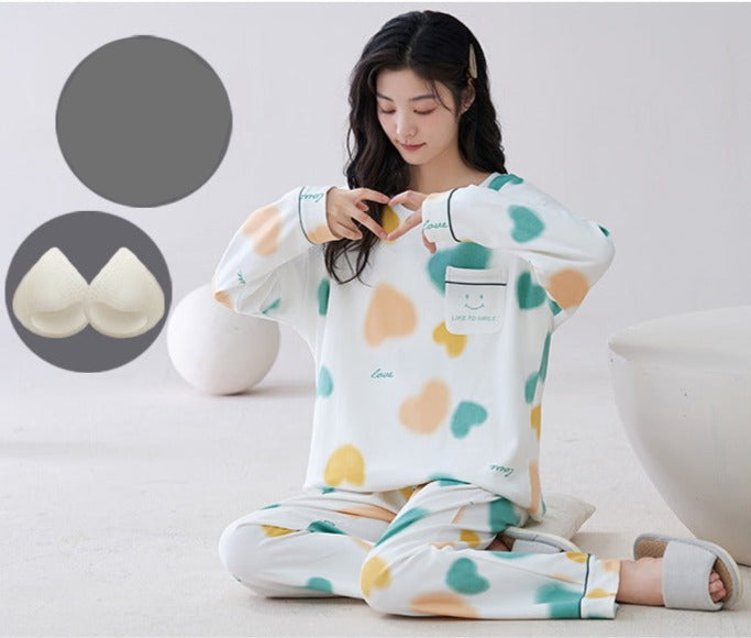2-Piece Long Pajamas for Women Padded Bra 100% Cotton
