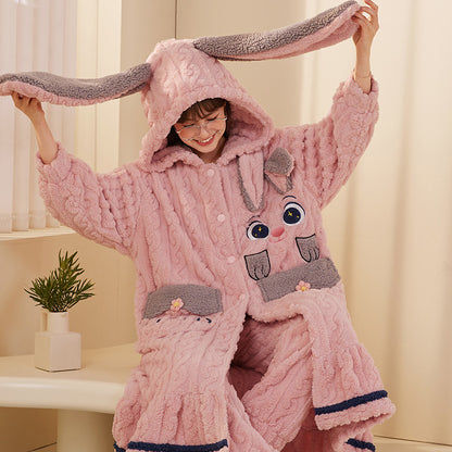 Fluffy Bunny Hooded Pyjamas Set for Women 100% Flannel