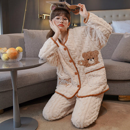 Warm Bear Design Flannel Pyjamas Set for Women