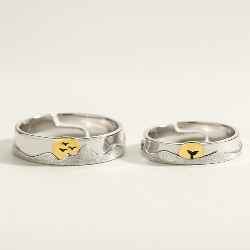 Custom Engravable Ocean Mountain Wedding Rings Set
