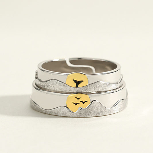 Custom Engravable Ocean Mountain Wedding Rings Set