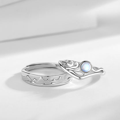 Custom Engraved Ocean Mountain Couple Rings Set
