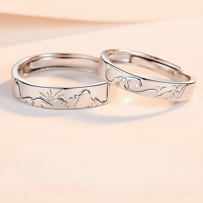Engravable Ocean Mountain Wedding Rings for Couples