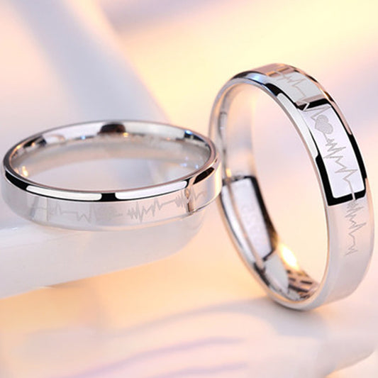 Custom Engraved Matching Heartbeat Rings Set for Couple