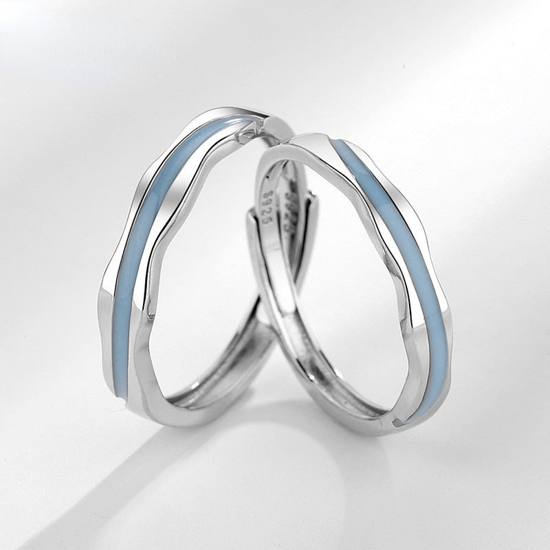 Blue Enamel Matching Wedding Rings Set