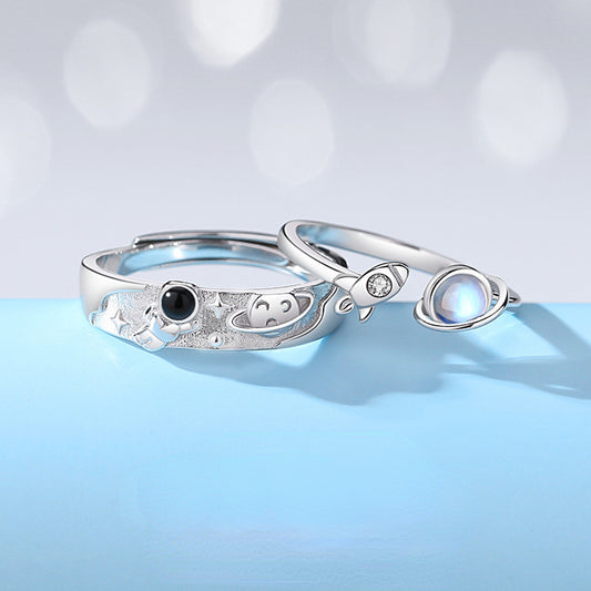 Spaceman Planets Moonstone Couple Rings Set