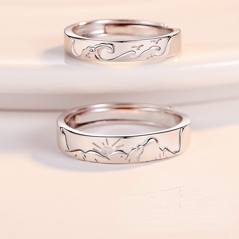 Engravable Ocean Mountain Wedding Rings for Couples