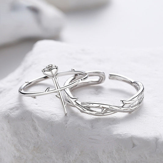 Branch and Rose Romantic Couple Rings Set