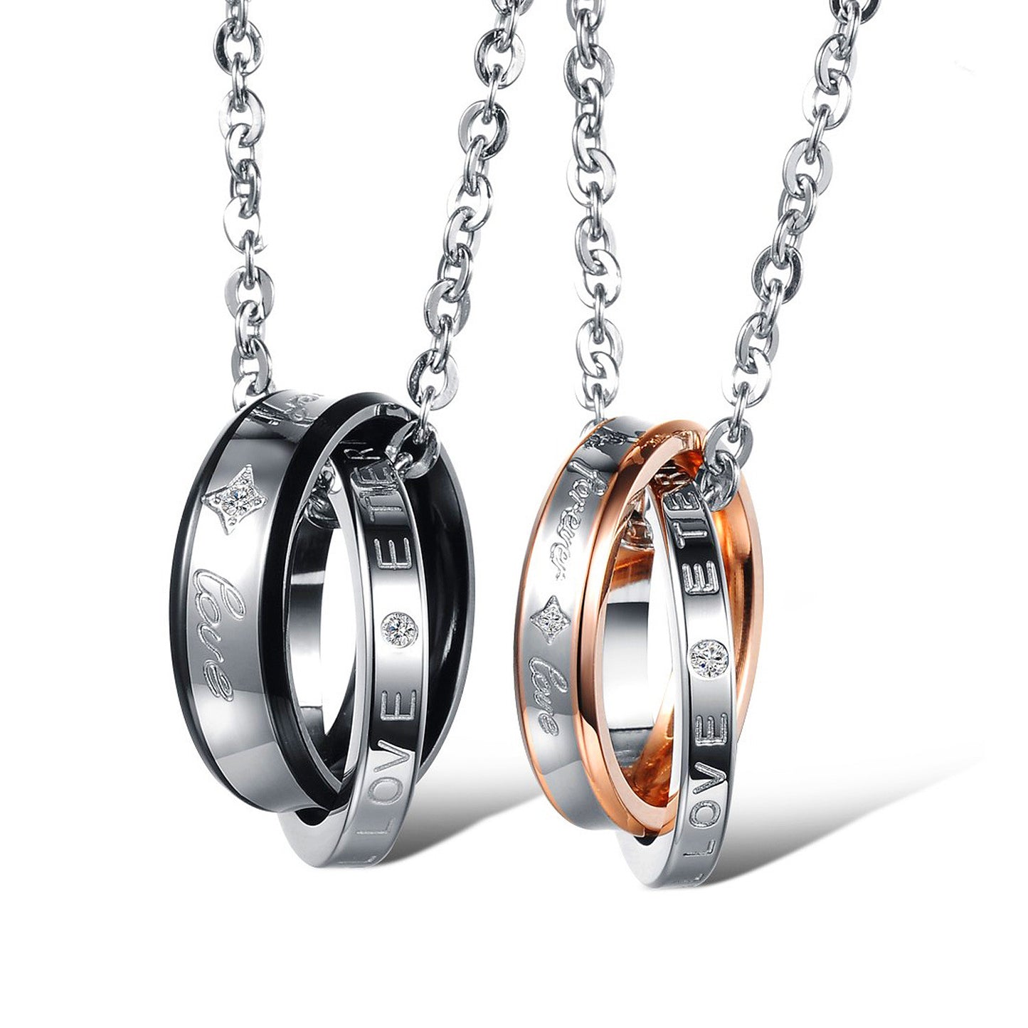 Engravable Double Rings Couple Necklaces Set